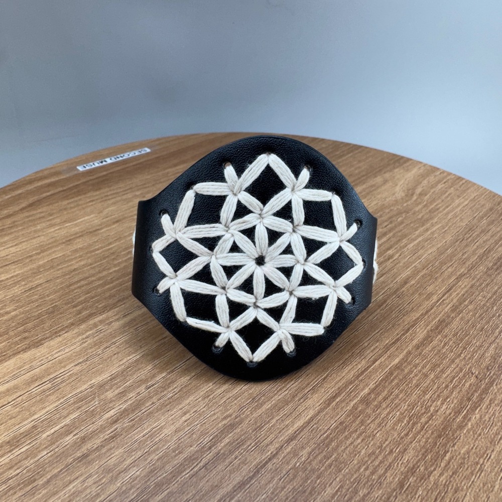 Unbranded Leather Cuff Bracelet OS Black White Embroidered Mandala Boho Festival